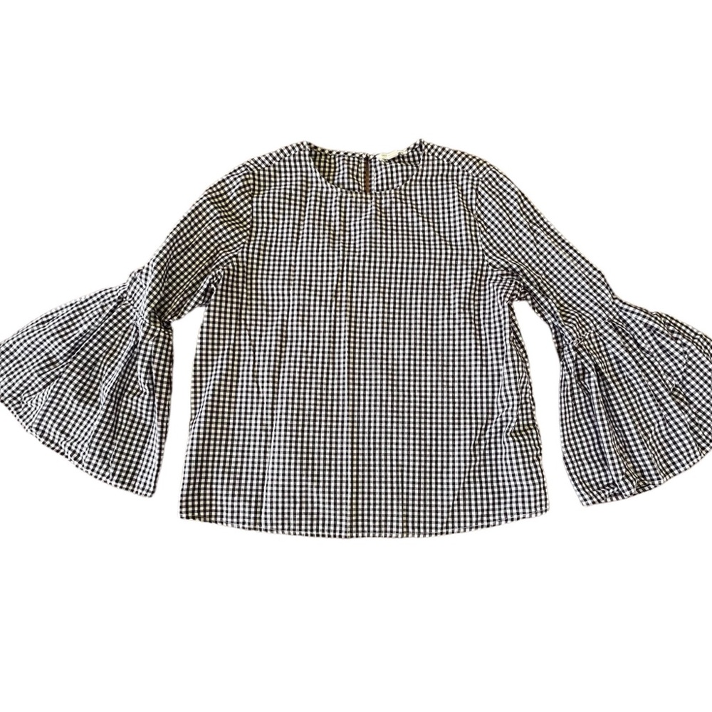 Beach Lunch Lounge Women’s Black White Gingham Bell Sleeve Top Cotton Size Large